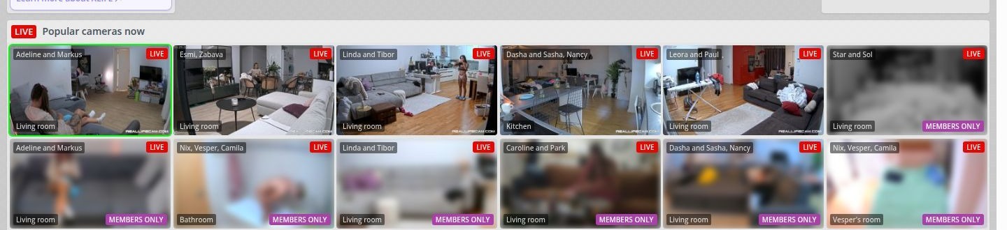 Élő kamerák rácsa MEMBERS ONLY jelzésekkel a RealLifeCam nyitólapján